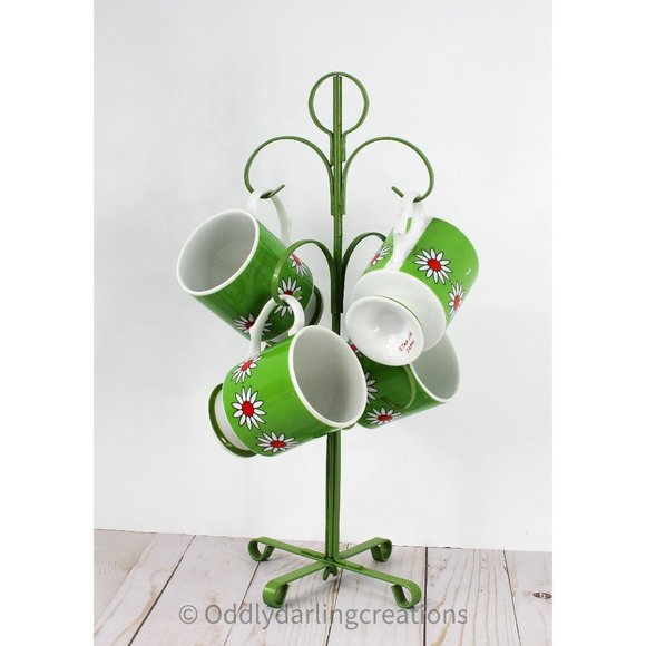 Vintage Footed Coffee Cups 4 STAR FIRE Daisies 1960s Retro Charm‎ + Metal Stand - Picture 1 of 9